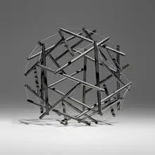 Buckminster Fuller, 30 Strut, 3 Frequency (3v) Geodesic Tensegrity Sculpture Dome, 1980, wood dowels with C 60 Carbon finish, plastic coated wire