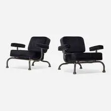 Bad club chairs, pair by Atelier Van Lieshout, 2004, upholstery, patinated forged steel, sold Mar 2025