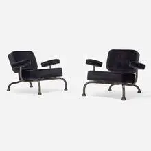 Bad club chairs, pair by Atelier Van Lieshout, 2004, upholstery, patinated forged steel, sold Mar 2025