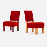 Roy McMakin, Lounge chairs for the El Vuelo Residence, 2002, upholstery, elm, painted maple