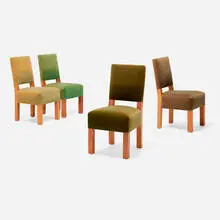 Game table chairs for the El Vuelo Residence, set of four by Roy McMakin, 2002, upholstery, elm, sold Mar 2025