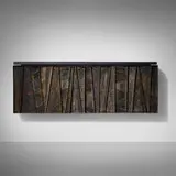 Wall-mounted cabinet, model PE-19 by Paul Evans, c. 1965, torch-cut, welded, polychromed and patinated steel, slate, sold Mar 2025