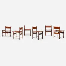 Dining chairs, set of six by Jorge Zalszupin, c. 1965, jacaranda, leather, sold Mar 2025