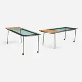 Michael Rotondi, Modular dining tables from the Carlson-Reges Residence, Los Angeles, pair, c. 1990, birch, glass, steel