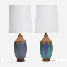 David Cressey, Table lamps, pair, c. 1970, glazed earthenware, walnut, linen