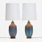 David Cressey, Table lamps, pair, c. 1970, glazed earthenware, walnut, linen
