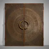 Billy Joe McCarroll and David Gillespe, Heroic Sunburst doors, set of two, c. 1971, cast bronze resin over wood, cast bronze resin, walnut