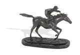Bronze with brown patina, signed 'Osborne', '3/10', modelled on the gallop, raised on a marble plinth, 31cm wide, 14cm deep, 24cm high (12in wide, 5 1/2in deep, 9in high) by Figure of a jockey James Osborne, sold Jun 2019