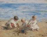 Children playing in the sand by Robert Gemmell Hutchison Rsa Rba Roi Rsw, oil on board, sold May 2019