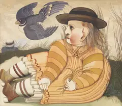 John Byrne Rsa, Boy with Blackbird, watercolour and gouache