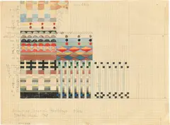 Gunta Stölzl, Entwurf für einen Jacquard Wandbehang 5 Chöre, 1928, Aquarell und Bleistift auf kariertem Papier, beidseitig