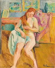 Hans Purrmann, Sitzender Akt mit rotem Haar, 1961, Öl auf Holz