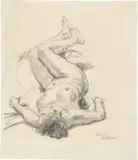 Max Beckmann, Studie zur Amazonenschlacht – auf dem Rücken liegender weiblicher Akt, nach links