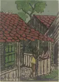 Otto Mueller, Zwei Zigeunerkinder vor der Hütte, 1926, Farblithografie auf grünlichem Papier