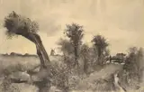 Lesser Ury, Holländische Weidelandschaft mit Windmühle, 1912, Kohle, gewischt, auf genarbtem Paper