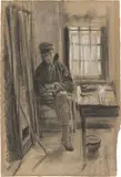 Max Liebermann, Alter Fischer (Zandvoort), Um 1890, Kreide, weiß gehöht, auf graubraunem Papier