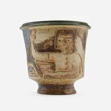 Vase with figure by Marguerite Wildenhain, c. 1955, glazed stoneware, sold Nov 2024