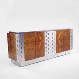 credenza by Paul Evans, 1970s, burl, stainless steel, sold Jun 2001
