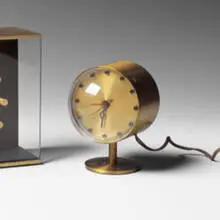 George Nelson, table clock, model 4766, c. 1950, brass, lucite