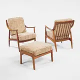 attribution Finn Juhl, lounge chairs and ottoman, 1960s, teak, upholstery