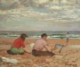 Ellen and Gordon (Cameron) at Murcar Beach by Alberto Morrocco Obe Rsa Rsw Rp Rgi Lld D Univ, oil on panel, sold May 2019