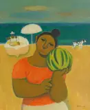 Woman with Watermelon by Alberto Morrocco Obe Rsa Rsw Rp Rgi Lld D Univ, oil on canvasboard, offered May 2019
