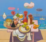 Leon Francesco Morrocco Rsa Rgi, Still Life on a Beach Patio, oil on canvas