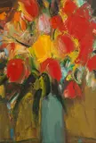 Tulips, red and yellow by John Houston Obe Rsa Rsw Rgi Ssa, oil on canvas, sold May 2019