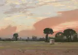 Alexander Mann, Sunset, A House on the Downs, oil on canvasboard