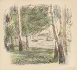 Max Liebermann, Landschaft am Wannsee mit Segelbooten, 1926, Farblithografie auf Velin (Wasserzeichen: JWZanders 1921)