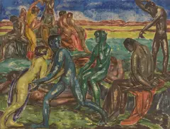 Moritz Melzer, Sie wiedergefunden, 1912, Monotypie und Öl auf Papier, auf Pappe aufgezogen und mit einer Hartfaserplatte hinterlegt