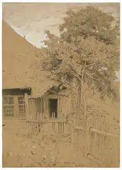 Hans Thoma, Haus im Schwarzwald, 1862, Bleistift und Deckweiß auf braunem Papier, auf Karton aufgezogen