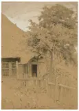 Hans Thoma, Haus im Schwarzwald, 1862, Bleistift und Deckweiß auf braunem Papier, auf Karton aufgezogen