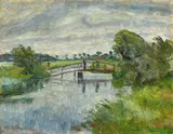 Otto Modersohn, Windiger, grauer Sommertag in den Fischerhuder Wümmewiesen mit Brücke über einen der Wümmearme