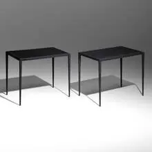 Jean-Michel Frank, Side tables, pair, c. 1938, leather over oak, painted steel