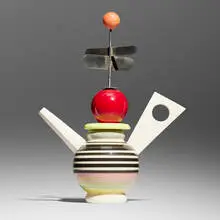 Teapot by Peter Shire, 1998, glazed stoneware, aluminum, painted foamcore, sold Nov 2024