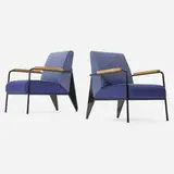 Jean Prouvé, Fauteuil de Salon chairs, pair, 1939 / 2019, upholstery, oak, enameled steel