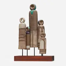 Group of five Talismano figures by Aldo Londi, wood, steel, glazed earthenware, sold Nov 2024