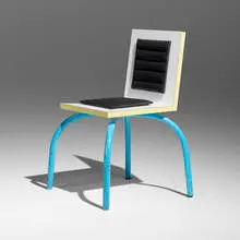 Riviera chair by Michele de Lucchi, 1981, laminate, enameled steel, upholstered cushion, sold Nov 2024
