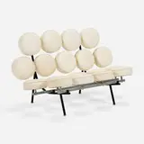 Marshmallow sofa, model 5670 by George Nelson & Associates, 1956, Naugahyde, enameled steel, matte chrome-plated steel, aluminum, sold Nov 2024