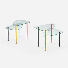 Edoardo Paoli, Arlecchino side tables, pair, c. 1960, glass, enameled brass, brass