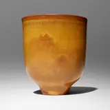 Cylindrical vase with lip by Gertrud and Otto Natzler, 1962, earthenware with Gold semi-matte glaze, sold Nov 2024