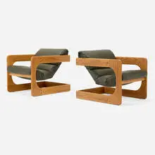 Lou Hodges, Lounge chairs, pair, c. 1975, oak, leather
