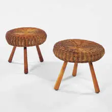 attribution Tony Paul, stools, pair, 1950s, rattan, maple