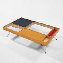 Milo Baughman, coffee table, c.1955, walnut, perforated masonite, glass