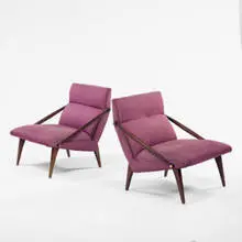 lounge chairs, pair by Gio Ponti, 1950s, walnut, brass, upholstery, sold Jun 2001