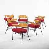 dining chairs, set of six by Glenn Of California, 1950s, wrought iron, plywood, upholstery, sold Jun 2001