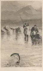 Charles Whymper, Salmon Fishing, a 19th century etching by H R Robertson