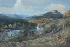 Frank Wallace, Glen Affaric with red deer, watercolour