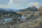 Frank Wallace, Glen Affaric with red deer, watercolour